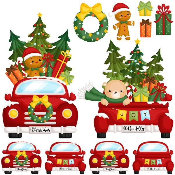 Wektor Zestaw Cute Red Christmas Truck Przodu Tyłu Strony Dużą — Wektor stockowy