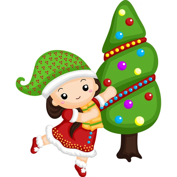 Chica Feliz Bailando Alrededor Del Árbol Navidad — Vector de stock