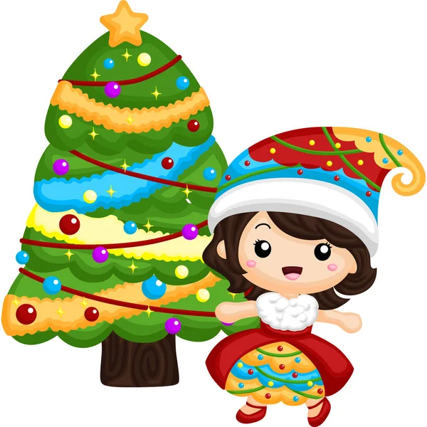 Chica Feliz Con Vestido Festivo Alrededor Del Árbol Navidad — Vector de stock