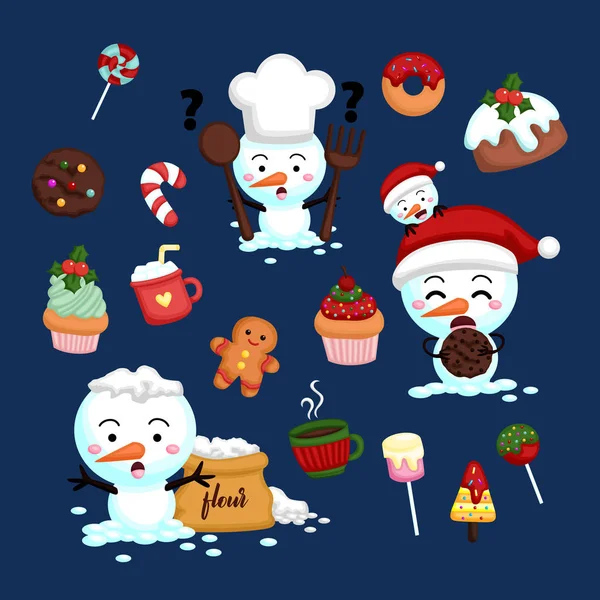 Snowman Dan Makanan Penutup Dan Kue Natal - Stok Vektor