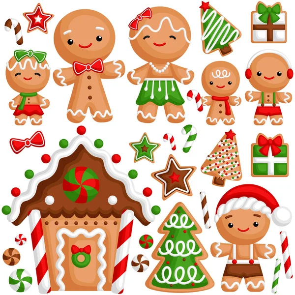 暖かい家とプレゼントでクリスマスの時間を祝うかわいいジンジャーブレッドファミリーのベクトルセット — ストックベクタ