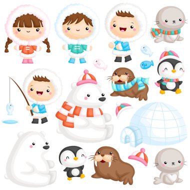 Igloo yakınlarında çeşitli kutup hayvanlarıyla Şirin Eskimo bir vektör seti.