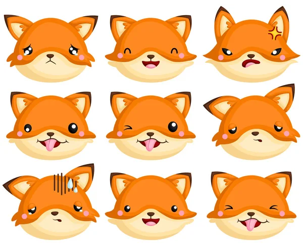 Vector Set Fox Faces Expressing Its Happiness Sadness Anger Other — стоковый вектор
