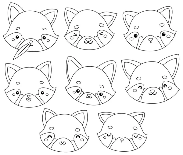 Vector Muchos Pandas Rojos Muchas Expresiones Colores Blanco Negro — Vector de stock