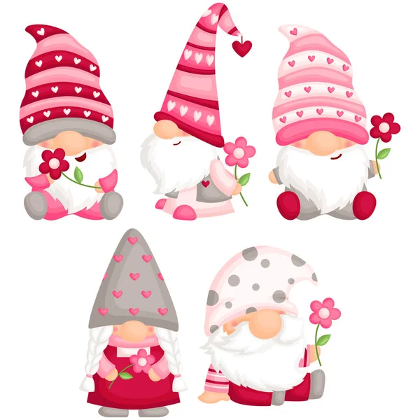 Vector Set Cute Gnome Holding Flower Valentine Celebration — Stock Vector