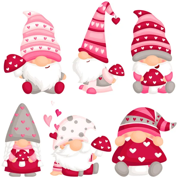 Insieme Vettoriale Fungo Carino Gnome Holding Festeggiare San Valentino — Vettoriale Stock