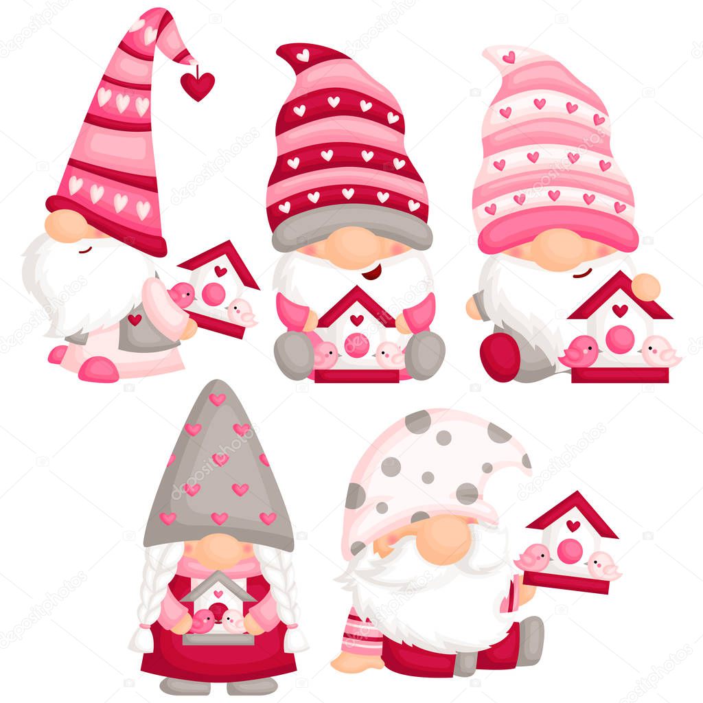 A Vector Set of Cute Gnome Holding Love Bird House for Celebrating Valentines Day