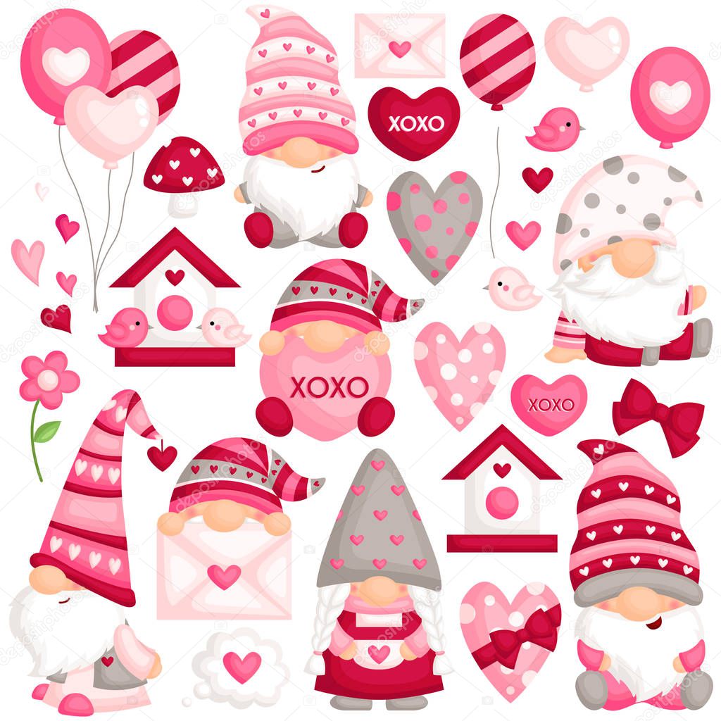 A Vector Set of Cute Gnome In Many Poses Celebrating Valentines Day
