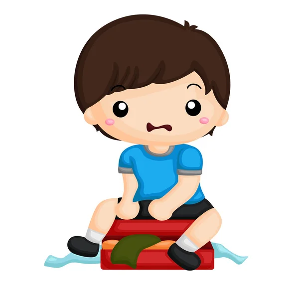 Boy Stressed Out Tidying His Suitcase — Stock Vector