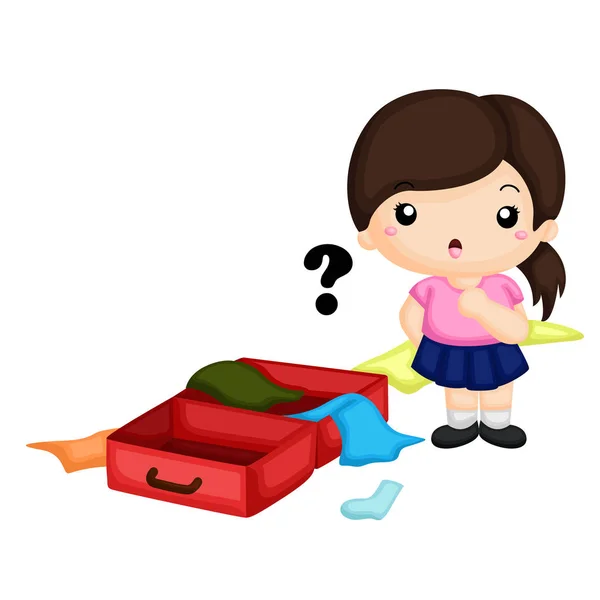 Confused Girl Want Arrange All Clothes Suitcase — 스톡 벡터