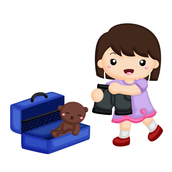 Girl Packing Her Favorite Thing Suitcase — 스톡 벡터