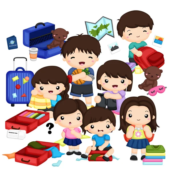 Niños Listos Para Empacar Bolsa Para Las Vacaciones — Vector de stock