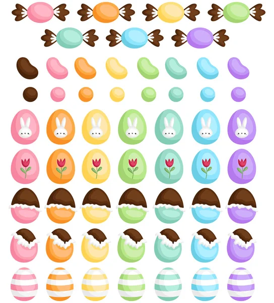 Vector Set Cute Various Candy Chocolate Egg Easter Celebration — Stock Vector