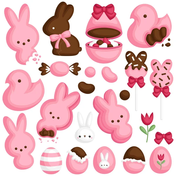 Vektor Készlet Aranyos Különböző Rózsaszín Cukorka Csokoládé Húsvéti Téma Ünneplés — Stock Vector