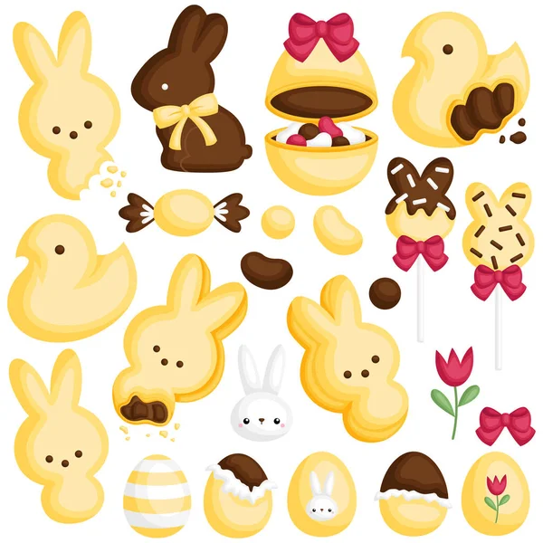 复活节主题庆祝活动中的一组可爱的黄色糖果和巧克力 — 图库矢量图片
