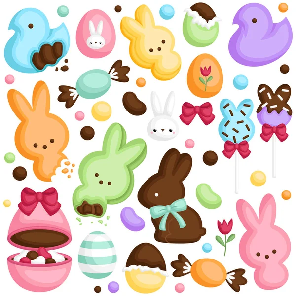 Vektor Készlet Aranyos Különböző Candy Csokoládé Húsvéti Téma Ünnepe — Stock Vector