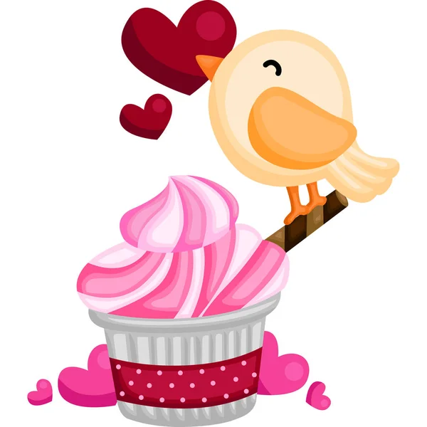 小鸟和粉色纸杯蛋糕 — 图库矢量图片