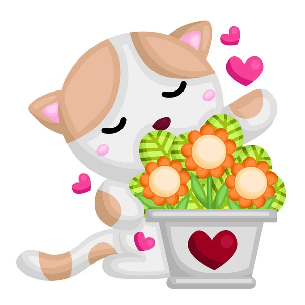 Pequeño Gato Ama Nuevo Flor Planta — Vector de stock