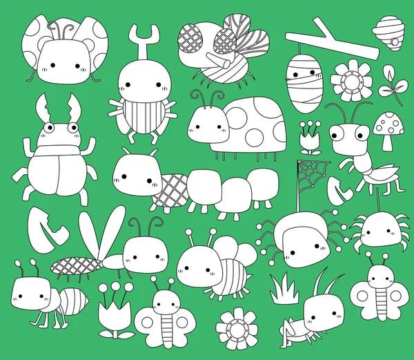 Vector Set Many Bugs Black White Colors — Stock Vector