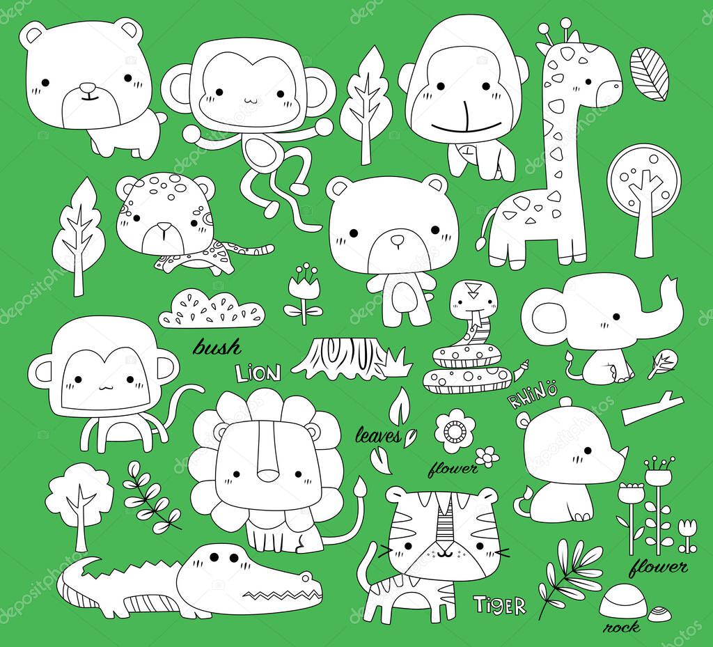 a vector of many jungle animal in black and white