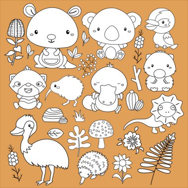 Avusturalya hayvanlarının siyah beyaz renkli bir vektörü