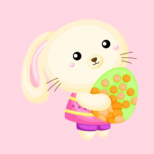 Cute Little Bunny Pink Dress Holding Easter Egg — Stock Vector