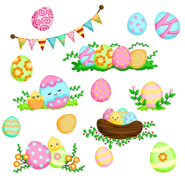 Различные Милые Красочные Пасхальные Яйца Украшения — стоковый вектор