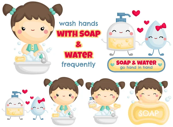 用发泡肥皂和水洗手的一组可爱女孩的病媒 — 图库矢量图片