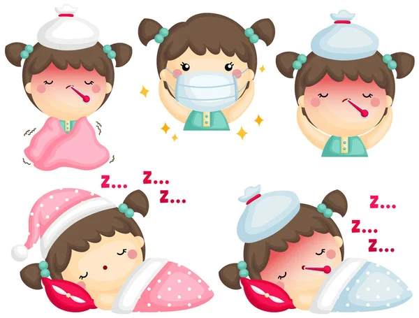 Vector Set Cute Sick Girl Many Positions Conditions — Stock Vector
