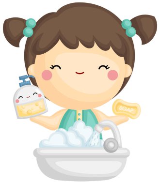 Köpüklü sabun ve su tutan şirin bir kızın taşıyıcısı. 