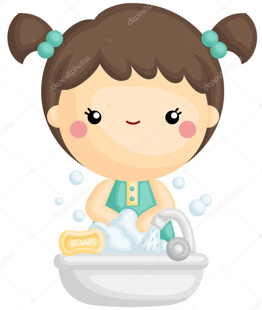 A Vector of Cute Girl Wash Hands with Foaming Soap and Water 