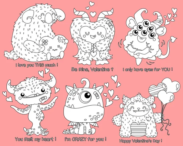 Kolekce Roztomilých Monster Valentýnské Téma — Stockový vektor