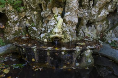 Sintra, Portekiz - 31 Ekim 2017. Quinta da Regaleira, Portekiz, Sintra. Garip dekore edilmiş saray ve bahçeleri mağaralarla, çeşmelerle, tünellerle, mağaralarla, heykellerle. Unesco Dünya Mirası Sitesi.