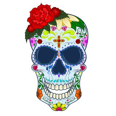 Kafataslarındaki Meksika vektör tasarımı, sanat, ölüm gününden esinlenilmiş, pembe çiçekler ve beyaz arka plandaki birçok renk.