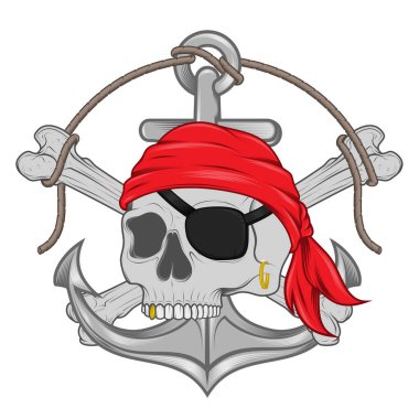 Vector design inspired by pirates, where you can see elements with skulls, bones, anchors, parcje in the hole, rope all on a soft background. clipart