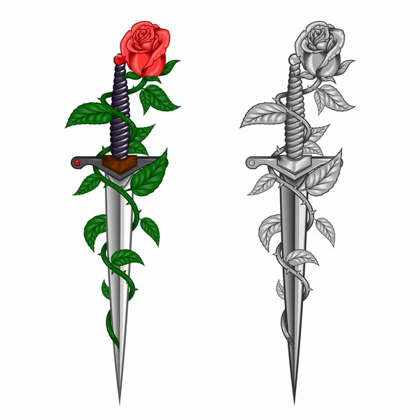 Векторний Дизайн Троянди Шипами Обмотують Кинджал Векторний Колір Сірий — стоковий вектор