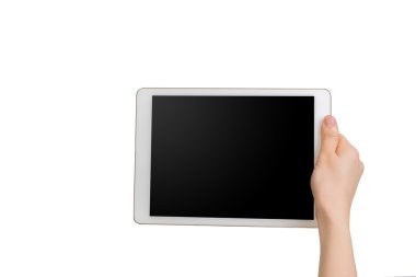 insan eli tutun beyaz tablet, cep telefonu ile boş perde.