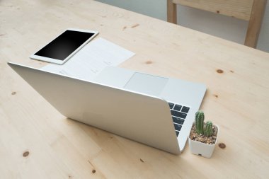 Beyaz modern dizüstü bilgisayar ve kaktüs çiçek ile ahşap ofis masaları 