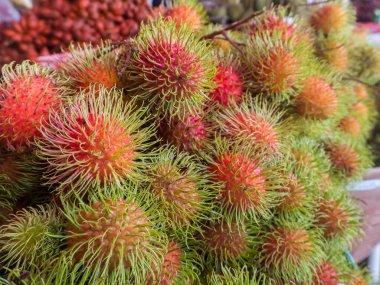  Rambutan meyve dükkanında rafta. Tayland mevsim meyveleri.