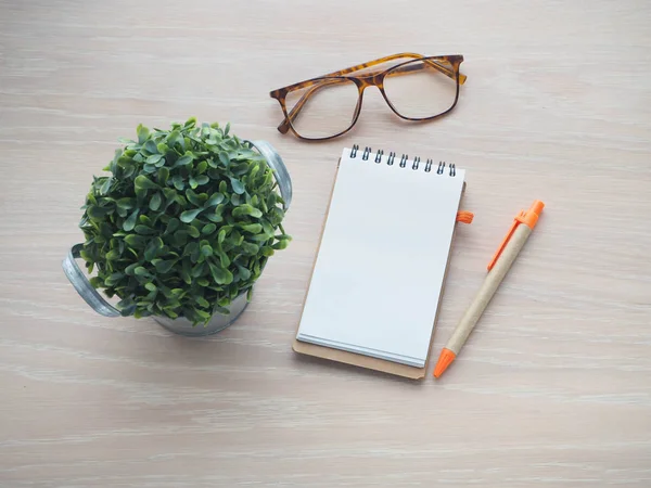 Wood office table with small tree on pot, modern eyeglasses and — Stock Photo, Image