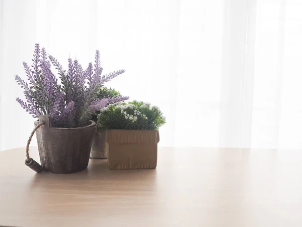 Houten tafel met presentexemplaar ruimte voor tekst en paarse lavendel flo Stockfoto