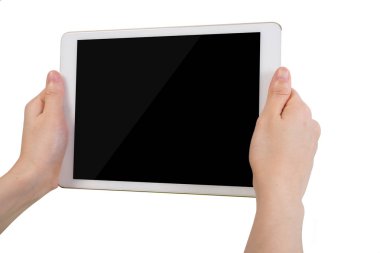 insan elini tut ücretsiz boş ekran tablet, cep telefonu, akıllı telefon izole beyaz arka plan üzerinde. arka tavsiye görüntülemek.