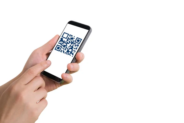 akıllı telefon, tablet, cep telefonu ile Qr code perde izole beyaz arka plan üzerinde tutan eller.