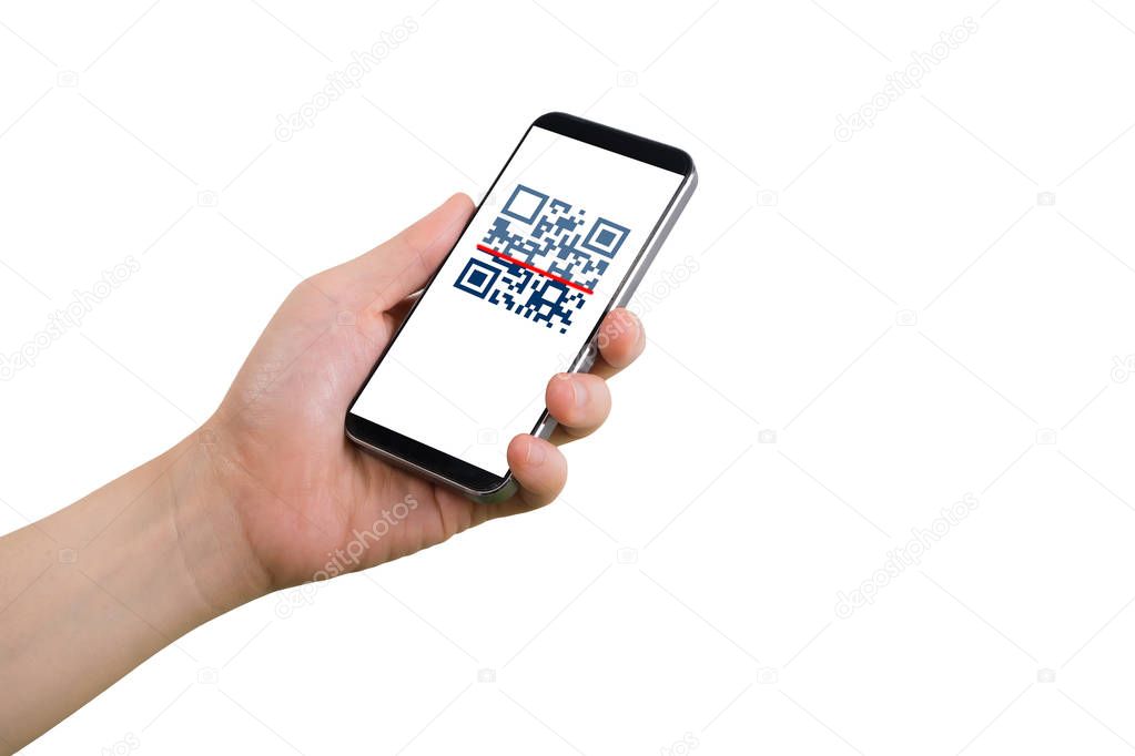 human hand holding smart phone, tablet, cellphone with QR code s
