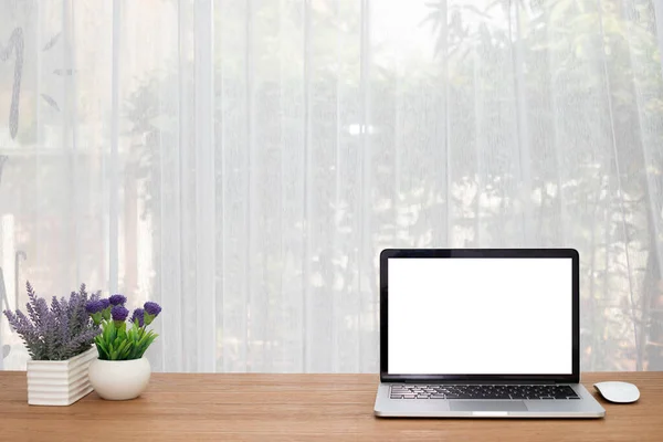 Wood Table Blank Screen Laptop Flower Royalty Free Stock Images