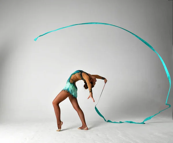 Gymnast Blue Suit Blue Ribbon Dancing — Stock Photo, Image