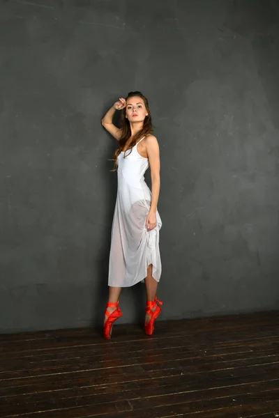 Beyaz Elbiseli Bir Balerin Gri Noktalı Kırmızı Bir Balerin — Stok fotoğraf