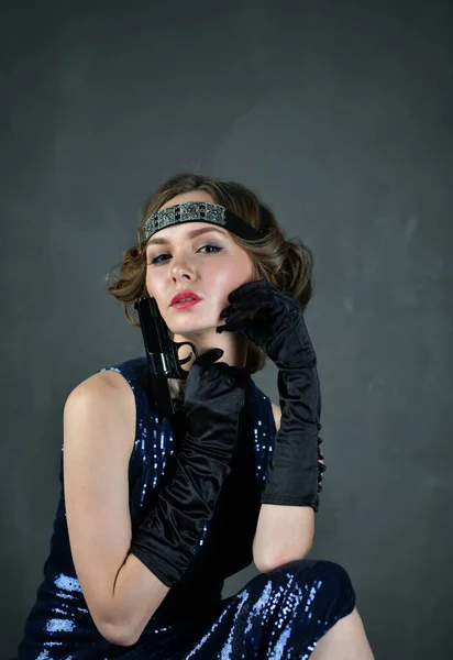 Beautiful Woman Blue Evening Dress Black Gloves Sits Table — Stock Photo, Image