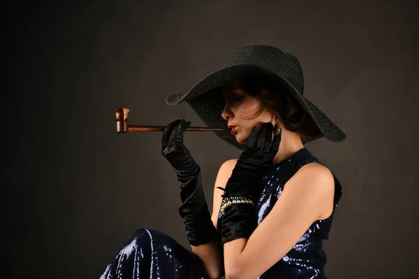 Beautiful Woman Blue Evening Dress Black Gloves Black Hat Smoking — Stock Photo, Image