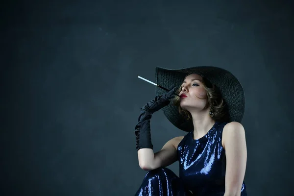 Beautiful Woman Blue Evening Dress Black Gloves Black Hat Stock Photo